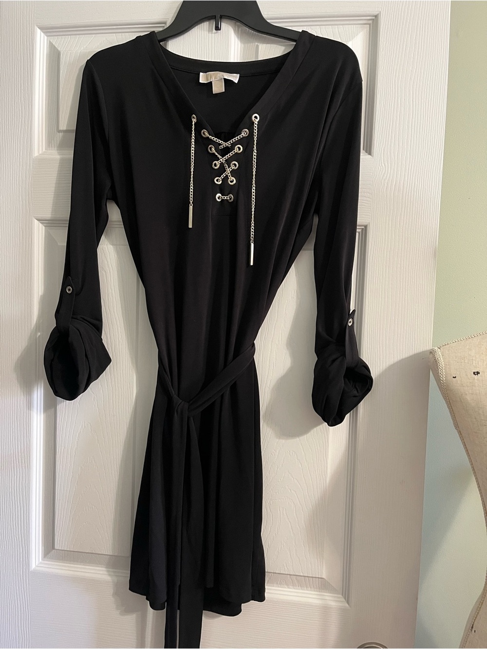 Michael Kors Black Lace-Up Midi Dress with Waist Tie
